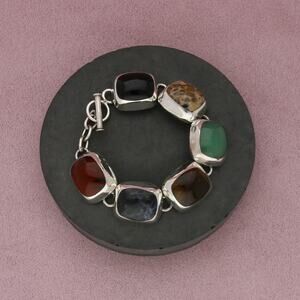 taxco mexico sterling silver onyx jasper tigers eye toggle bracelet size 6.5in